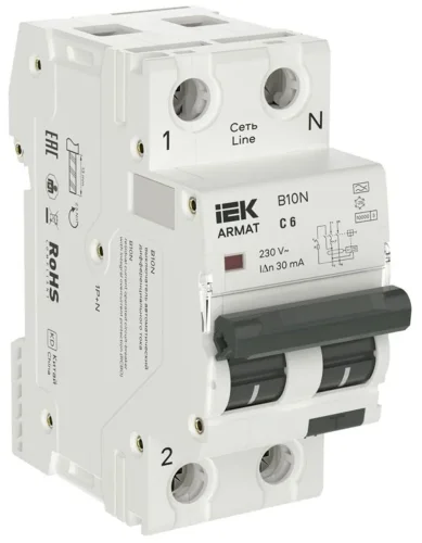 Выключатель автоматический дифференциального тока АВДТ B10N 1P+NP C6 30мА тип A (36мм) ARMAT IEK AR-B10N-1N-C006A030 - фото