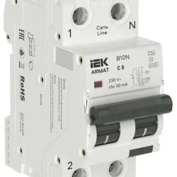 Выключатель автоматический дифференциального тока АВДТ B10N 1P+NP C6 30мА тип A (36мм) ARMAT IEK AR-B10N-1N-C006A030