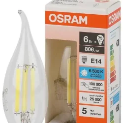 Лампа светодиодная филаментная 6W/6500K (=75W) E14 | Свеча на ветру | LED STAR 5Y FILAMENT | - OSRAM