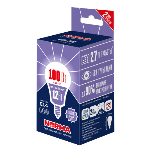 LED-G60-12W-6500K-E14-FR-NR Лампа светодиодная, Форма шар, матовая, Серия Norma, Дневной белый свет 6500K, Картон - фото 2