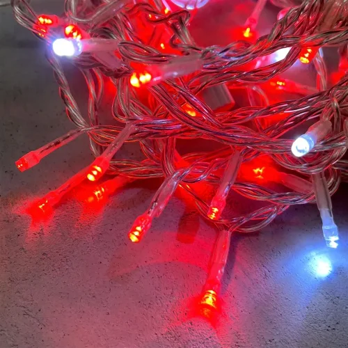 Гирлянда Нить 10м Красная с Мерцанием Белого Диода 24В, 100 LED, Провод Прозрачный ПВХ, IP54. Фото 2.