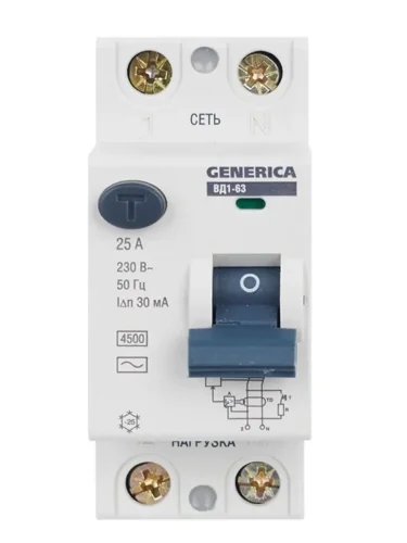 Выключатель дифференциального тока (УЗО) 2п 25А 30мА тип AC ВД1-63 GENERICA MDV15-2-025-030 - фото 2