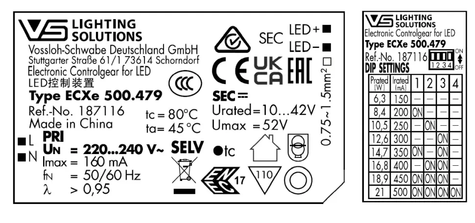 Драйвер для светодиодов 21W/150-500мА 10-42V | DIP-переключатель | ECXe 500.479 | - Vossloh-Schwabe. Фото 2