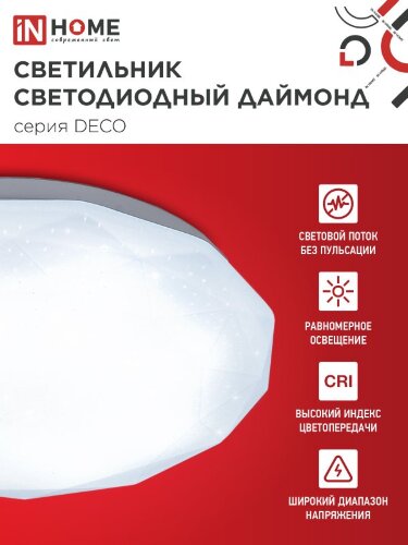 Светильник светодиодный серии DECO ДАЙМОНД 36Вт 230В 6500К 3240Лм 380х55мм IN HOME - Фото 5