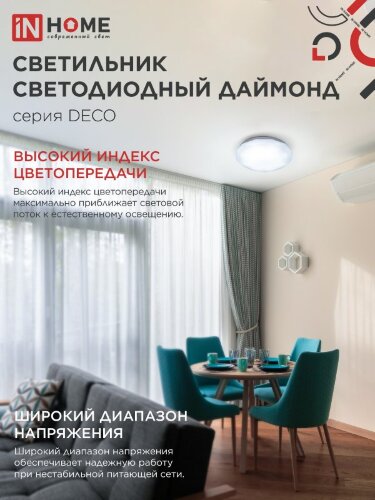 Светильник светодиодный серии DECO ДАЙМОНД 36Вт 230В 6500К 3240Лм 380х55мм IN HOME - Фото 6