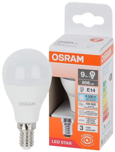 Лампа светодиодная LS 9W/6500K (=75W) E14 | LED Star 3Y | Шарик | - OSRAM. Фото 2