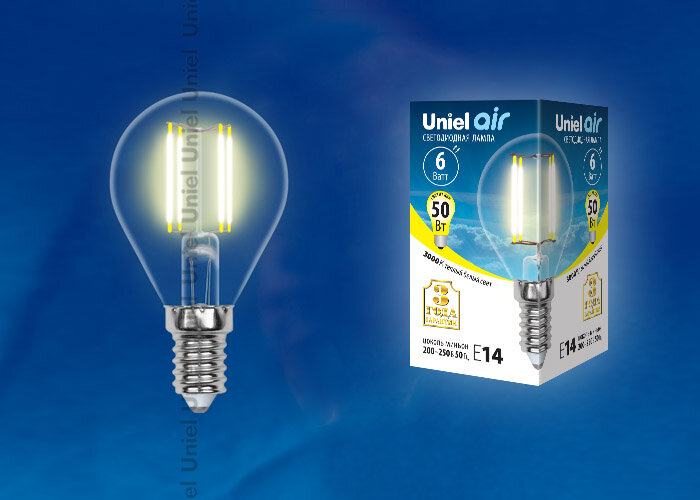 LED-G45-6W/WW/E14/CL GLA01TR Лампа светодиодная. Форма "шар", прозрачная. Серия Air. Теплый белый свет (3000K) - фото