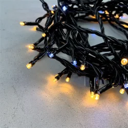 Гирлянда Нить 10м Экстра Тепло-Белая с Мерцанием Белого Диода 24В, 100 LED, Провод Черный ПВХ, IP54