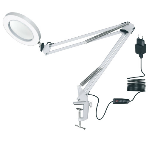 TLD-568 White-LED-300Lm-2700-5500K-Dimmer-X5 Светильник настольный c увеличительным стеклом, 5-ти кратное увеличение, 8W, Механический выключатель на шнуре, Белый. - фото 2