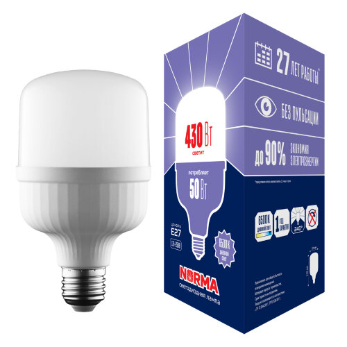LED-M80-50W/6500K/E27/FR/NR Лампа светодиодная, матовая. Серия Norma. Дневной белый свет (6500K) Картон. ТМ Volpe - фото