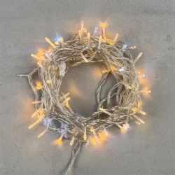 Гирлянда Нить 10м Экстра Тепло-Белая с Мерцанием Белого Диода 24В, 100 LED, Провод Прозрачный ПВХ, IP54