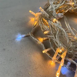 Гирлянда Нить 10м Экстра Тепло-Белая с Мерцанием Белого Диода 24В, 100 LED, Провод Прозрачный ПВХ, IP54