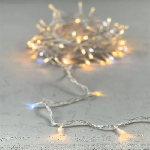 Гирлянда Нить 10м Экстра Тепло-Белая с Мерцанием Белого Диода 24В, 100 LED, Провод Прозрачный ПВХ, IP54. Фото 6.