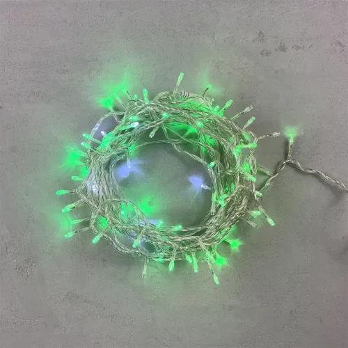 Гирлянда Нить 10м Зеленая с Мерцанием Белого Диода 24В, 100 LED, Провод Прозрачный ПВХ, IP54. Фото 1.