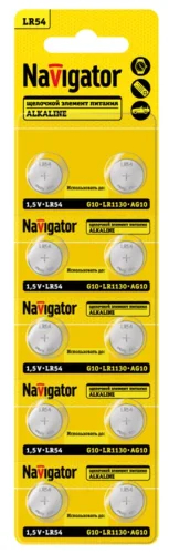 Элемент питания алкалиновый 'таблетка' 95 671 NBT-14 (LR54 AG10 LR1130 BP10) (блист.10шт) Navigator 95671 - фото