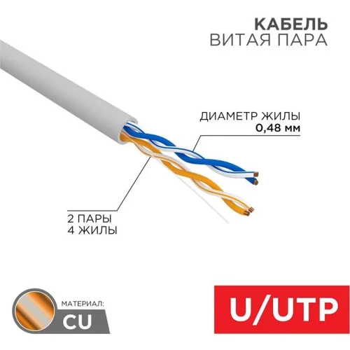 Кабель витая пара U/UTP кат.5E 2х2х24AWG медь (305м) сер. сер. (м) PROCONNECT 01-0027 - фото
