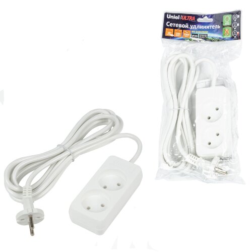 S-CU2-3 WHITE Удлинитель серии Ultra, шнур 3м., 2 гнезда, 10A, б-з, Белый, TM Uniel - фото 3