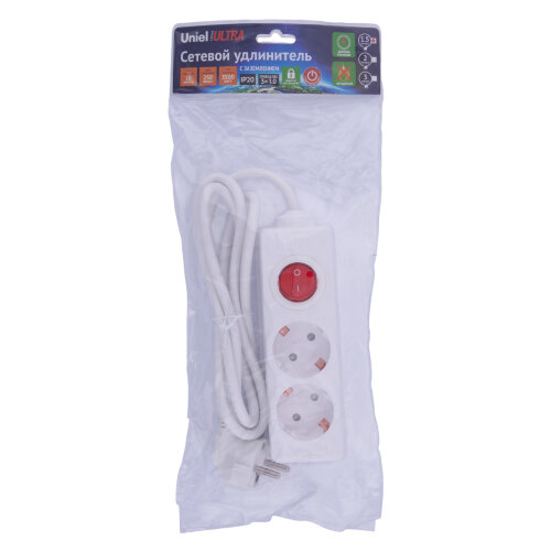 S-GCU2-1.5B WHITE Удлинитель серии Ultra, шнур 1.5м., 2 гнезда, 16A, с-з, Белый, TM Uniel - фото 7