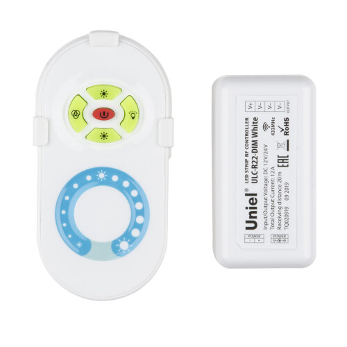 ULC-R22-DIM White Контроллер для управления яркостью одноцветных светодиодных источников света с пультом с ДУ, Цвет пульта белый, Упаковка блистер. - фото 1