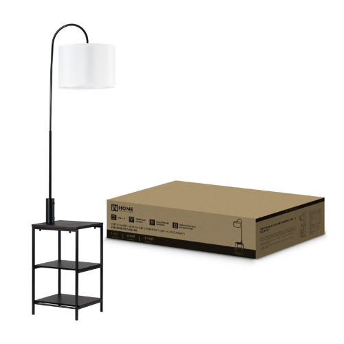 Светильник напольный под лампу этажерка ТНО 08КВ-Е27USB-WB USB-C белый абажур, черный корпус IN HOME - Фото