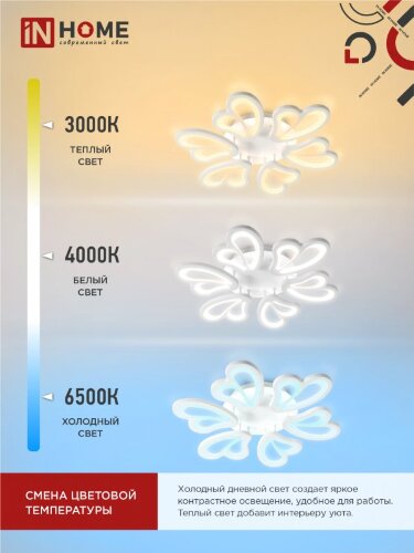 Светильник светодиодный ELEGANT IRIS 120Вт 230В 3000-6500K 8400Лм 607х535х85мм c пультом ДУ белый IN HOME - Фото 8