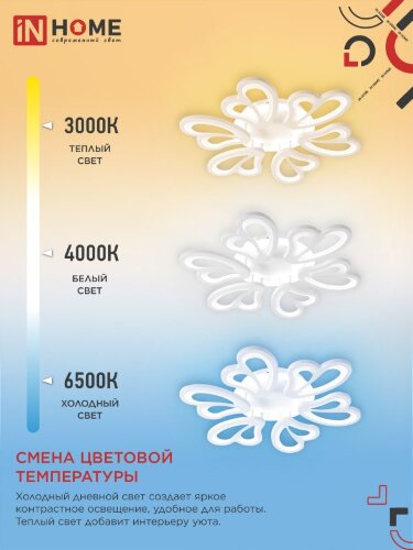 Светильник светодиодный ELEGANT IRIS 120Вт 230В 3000-6500K 607х535х85мм c пультом ДУ белый IN HOME - Фото 8