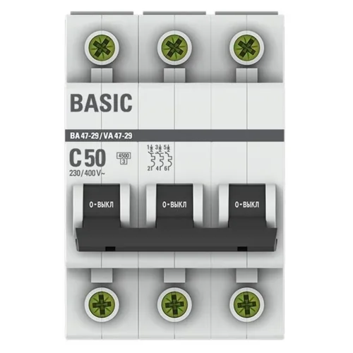 Выключатель автоматический модульный 3п C 50А 4.5кА ВА 47-29 Basic EKF mcb4729-3-50C - фото 2