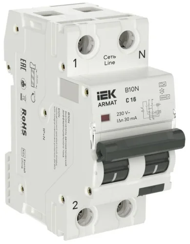 Выключатель автоматический дифференциального тока 2п (1P+NP) C 16 30мА тип A АВДТ B10N 36мм ARMAT IEK AR-B10N-1N-C016A030 - фото