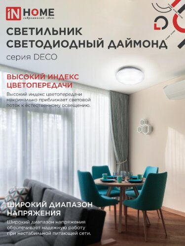 Светильник светодиодный серии DECO ДАЙМОНД 24Вт 230В 4000К 2160Лм 330х55мм IN HOME - Фото 6