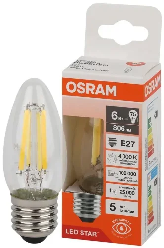 Лампа светодиодная филаментная 6W/6500K (=75W) E27 | Свеча | LED STAR 5Y FILAMENT | - OSRAM. Фото