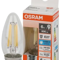 Лампа светодиодная филаментная 6W/6500K (=75W) E27 | Свеча | LED STAR 5Y FILAMENT | - OSRAM