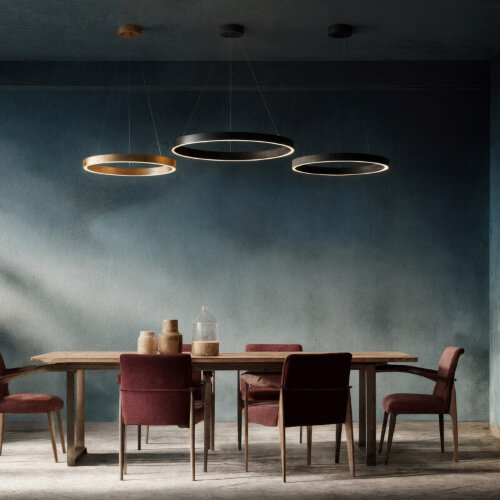 Светильник подвесной RAYDIA, 60 Вт, 3000–4000К, ?800?1500 мм, металл+акрил, матовое золото, свет вверх/вниз. Фото 6