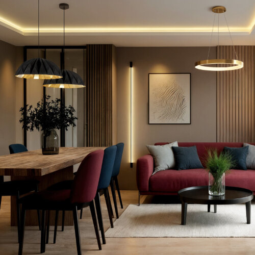 Светильник подвесной RAYDIA, 60 Вт, 3000–4000К, ?800?1500 мм, металл+акрил, матовое золото, свет вверх/вниз. Фото 7