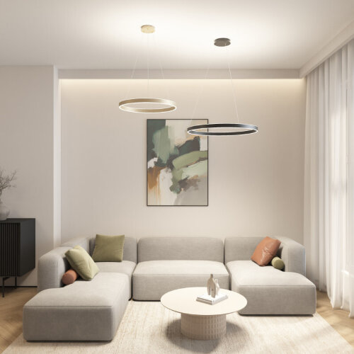 Светильник подвесной RAYDIA, 60 Вт, 3000–4000К, ?800?1500 мм, металл+акрил, матовое золото, свет вверх/вниз. Фото 8