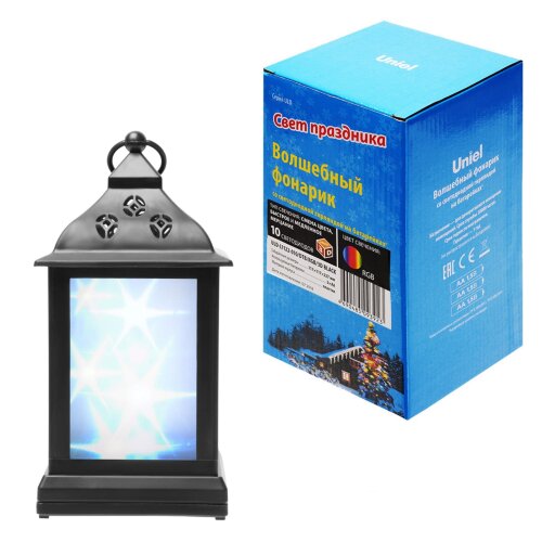 ULD-L1122-010/DTB/RGB/3D BLACK Фонарь со светодиодной гирляндой внутри, на батарейке (в комплект не входит) 10 светодиодов. RGB свет. Черный корпус. 11*22 см. - фото