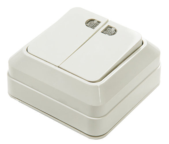 Выключатель двухклавишный с подсветкой BOLLETO белый накладной 7123 IN HOME - Фото