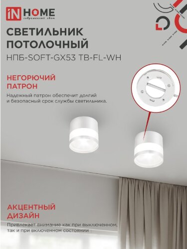 Светильник потолочный НПБ-SOFT-GX53 ТB-FL-WH под GX53 матовый плафон, 82х70мм белый IN HOME - Фото 4