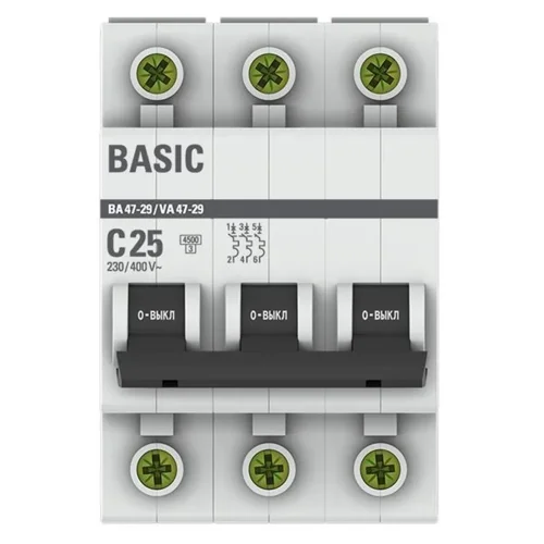Выключатель автоматический модульный 3п C 25А 4.5кА ВА 47-29 Basic EKF mcb4729-3-25C - фото 2