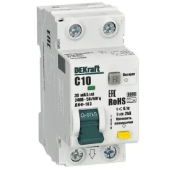 Выключатель автоматический дифференциального тока (АВДТ) 1P+N C 10А 30мА A ДИФ-103 6кА DEKraft 16346DEK