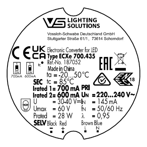 Драйвер для светодиодов 28W/600-700мА 30-40V | DIP-переключатель | ECXe 700.435 | - Vossloh-Schwabe. Фото 2