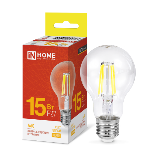 Лампа светодиодная LED-A60-deco 15Вт 230В Е27 3000К 1480Лм прозрачная IN HOME - Фото