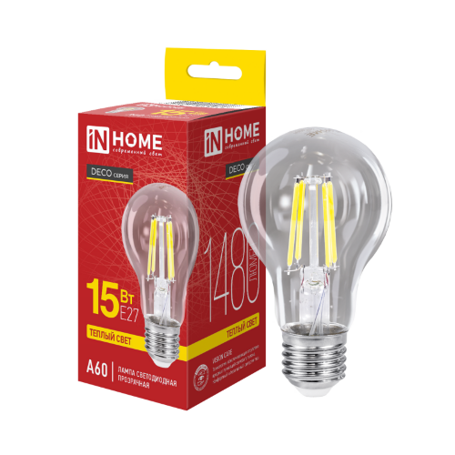 Лампа светодиодная LED-A60-deco 15Вт 230В Е27 3000К 1480Лм прозрачная IN HOME - Фото