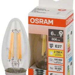 Лампа светодиодная филаментная 6W/2700K (=75W) E27 | Свеча | LED STAR 5Y FILAMENT | - OSRAM
