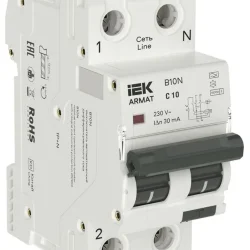 Выключатель автоматический дифференциального тока 2п (1P+NP) C 10 30мА тип A АВДТ B10N 36мм ARMAT IEK AR-B10N-1N-C010A030