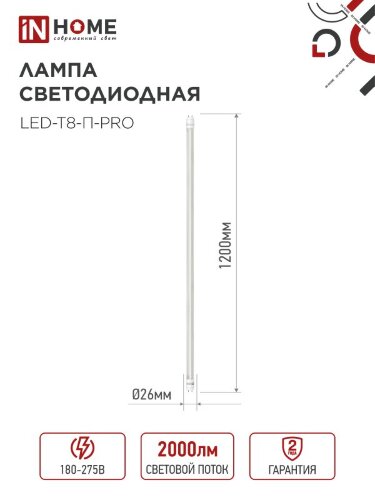 Лампа светодиодная LED-T8-П-PRO 20Вт 230В G13 6500К 2000Лм 1200мм прозрачная неповоротная IN HOME - Фото 2