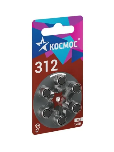 Элемент питания воздушно-цинковая для слуховых аппаратов ZA312 (312 PR41 DA312 V312A) 1.45В (уп.6шт) КОСМОС KOCZA-312BL6 - фото