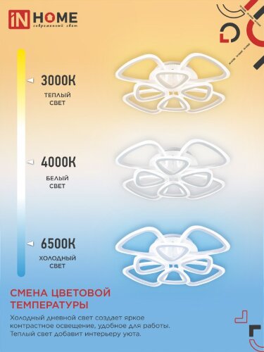Светильник светодиодный ELEGANT SANSA-W 120Вт 230В 3000-6500K 650х650х130мм c пультом ДУ белый IN HOME - Фото 4