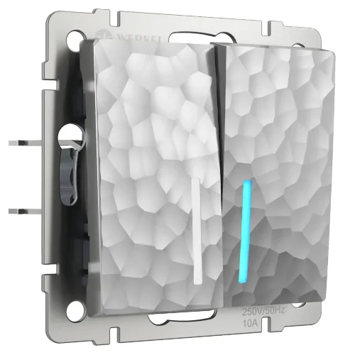 Выключатель двухклавишный проходной с подсветкой (Hammaer серебряный) W1222106 - фото