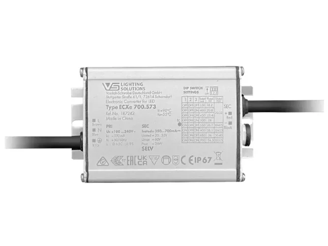 VS ECXe 700.573 350- 700mA 20 - 52V/26W с проводами IP67 DIP-перкл 108х64х32мм - драйвер для светодиодов Vossloh-Schwabe. Фото 2