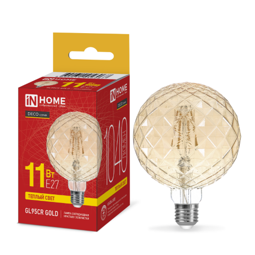 Лампа светодиодная LED-GL95СR-deco gold 11Вт 230В E27 3000K 1040Лм 95мм кристалл золотистая IN HOME - Фото
